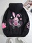 Street Wear Cartoon Rabbit Baskılı Oversize Siyah Kapşonlu Hoodie Sweatshirt 1
