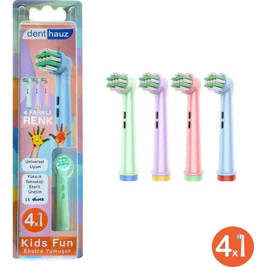 Denthauz Kids Fun - Narin Yumuşak Oral-B Uyumlu Diş Fırçası Başlığı - 4 Adet Yedek Başlık