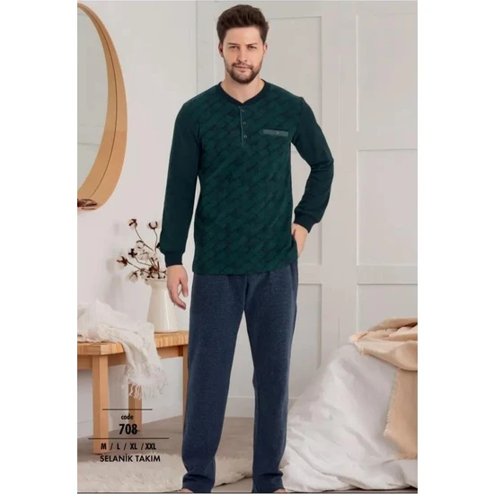 Erse 100 Pamuklu Erkek Kışlık Selanik Dokuma Desenli Pijama Takım