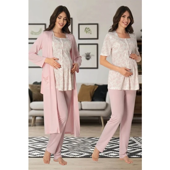 Effortt Lohusa Sabahlıklı Pijama Takımı Pembe - 8014