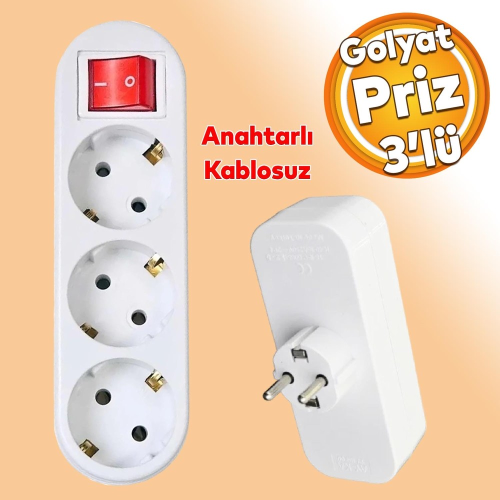 Badem10 Golyat Anahtarlı Düğmeli 3'lü Grup Priz Fiş Priz Topraklı Çoklu Çoğaltıcı Kablosuz