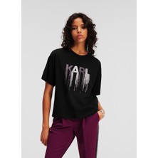 Karl Lagerfeld Bisiklet Yaka Baskılı Siyah Kadın T-Shirt 236W1714