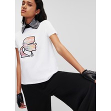 Karl Lagerfeld Bisiklet Yaka Baskılı Beyaz Kadın T-Shirt 235W1707