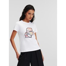 Karl Lagerfeld Bisiklet Yaka Baskılı Beyaz Kadın T-Shirt 235W1707