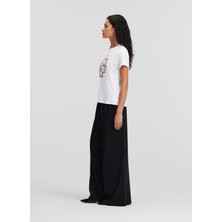Karl Lagerfeld Bisiklet Yaka Baskılı Beyaz Kadın T-Shirt 235W1707
