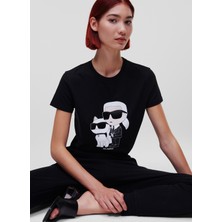Karl Lagerfeld Bisiklet Yaka Baskılı Siyah Kadın T-Shirt 230W1704