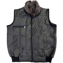 LN Leather Patchwork Içi Kürk-Dışı Süet Hakiki Deri Yakalı Biye ve Triko Detaylı Yelek