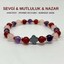 Yıldız Doğal Taş Sevgi & Mutluluk & Nazar Doğal Taş 6mm Elastik Bileklik Ametist-Pembe Kuvars- Kırmızı Akik