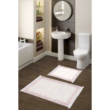 Dekoreko Dijital 2'li Banyo Paspas Takımı Trend Keçe Kaymaz Taban Saçaklı Modern Evelina  Pudra