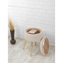 Sare Home Bella Metal Ayaklı Puflu Teddy Kumaş Sehpa Altın Beyaz (Gold White)