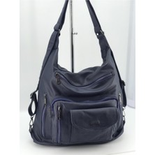 Çanta Trend Kadın Lacivert Yıkamalı Deri Omuz ve Sırt Çantası