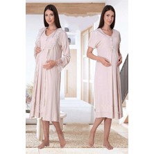 Effortt Lohusa Sabahlıklı Gecelik Takımı Bej - 8025