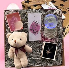 Regalo Doğum Günü Özel Gün Hediye Kutusu Işıklı Küre, Melek Kolye, Peluş Ayıcık, Kalp Anahtarlık