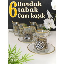 Samsa Cam Altın Siyah Beyaz Kare Desenli 6 Kişilk Çay Seti 6 adet cam kaşık hediyeli