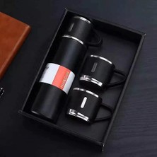 Sodelicious Paslanmaz Çelik Termos Siyah Renk 3 Bardaklı Termos Seti Vakumlu Termos Set