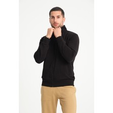 Cool Hill Siyah Tam Fermuarlı Dik Yaka Armalı Erkek Sweatshirt