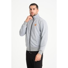 Cool Hill Gri Tam Fermuarlı Dik Yaka Armalı Erkek Sweatshirt