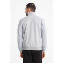 Cool Hill Gri Tam Fermuarlı Dik Yaka Armalı Erkek Sweatshirt