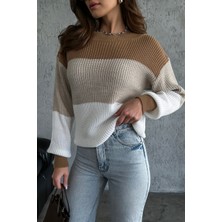 Nosia Fashion Renk Bloklu Örgü Desenli Triko Kazak