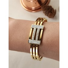 Stainless Steel Kaburga Model Zirkon Taşlı Çelik Kelepçe Bileklik