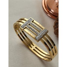 Stainless Steel Kaburga Model Zirkon Taşlı Çelik Kelepçe Bileklik