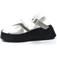 Onlo Ayakkabı 311  Deri Beyaz Platform Kalın Topuk Kadın Sandalet