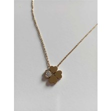 Stainless Steel Zirkon Taşlı Yonca Gold Renk Çelik Kolye