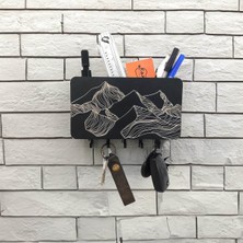 CajuArt Dekoratif Siyah Çizgisel Dağ Motifli Bölmeli Anahtarlık Dekor Askılık