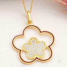 Ece Store  925 Ayar Gümüş Gold Çiçek Desenli Kadın Kolye