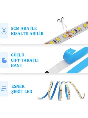 E-Tüccar Mutfak Tezgah Üstü (Dekoratif) 2 Metre Beyaz Şerit LED 12V Adaptör Aç Kapa (On-Off) Anahtarlı