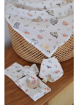 Bugula Müslin Battaniye BASIC SET 110x110cm Sincap Desen Yumuşak Doğal Kumaş Tek Kat Müslin Torunuma En Güzel Hediye