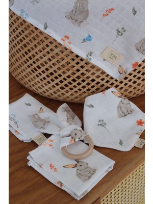 Bugula Müslin BASIC SET 110x110cm Tavşan Desen Doğal Pamuk Havadar Kumaş Bebek Battaniyesi