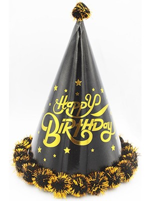Happy Bırthday Parlak Parti Şapka Siyah Ponponlu 23 cm
