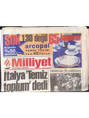 Milliyet Gazetesi 23 Nisan 1996 - Kartalda Bahar Temizliği - Fenerbahçede Büyük Tehdit - Italya  Temiz Toplum  Dedi  GZ132849