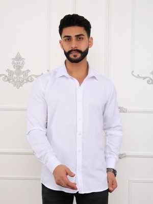 Akşahin Collection Beyaz Pamuklu Slim Fit Dört Mevsim  Kutulu Uzun Kollu Klasik Erkek Gömlek