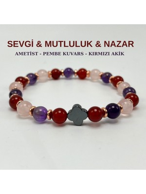 Yıldız Doğal Taş Sevgi & Mutluluk & Nazar Doğal Taş 6mm Elastik Bileklik Ametist-Pembe Kuvars- Kırmızı Akik