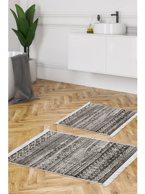 Dekoreko Dijital 2'li Banyo Paspas Takımı Star Pamuk Kaymaz Taban Saçaklı Iskandinav Ysabel Antrasit