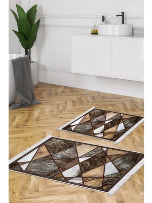 Dekoreko Dijital 2'li Banyo Paspas Takımı Trend Keçe Kaymaz Taban Saçaklı Modern Janice Gri Kahve