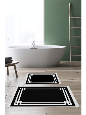 Dekoreko Dijital 2'li Banyo Paspas Takımı Trend Keçe Kaymaz Taban Saçaklı Modern Jaz Siyah