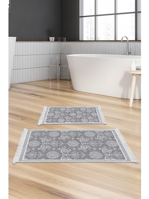 Dekoreko Dijital 2'li Banyo Paspas Takımı Trend Keçe Kaymaz Taban Saçaklı Modern Queta Gri