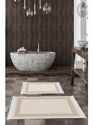 Dekoreko Dijital 2'li Banyo Paspas Takımı Trend Keçe Kaymaz Taban Saçaklı Modern Dinah Krem
