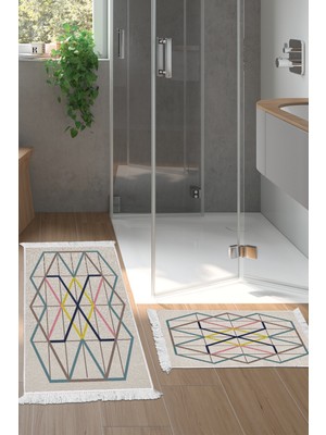 Dekoreko Dijital 2'li Banyo Paspas Takımı Trend Keçe Kaymaz Taban Saçaklı Modern Bay Renkli