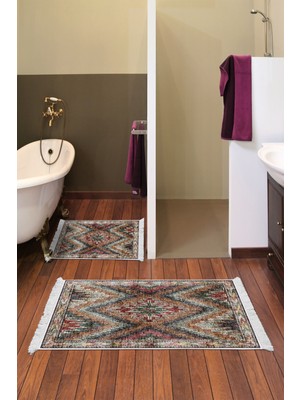 Dekoreko Dijital 2'li Banyo Paspas Takımı Trend Keçe Kaymaz Taban Saçaklı Iskandinav Olwen Renkli