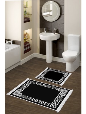 Dekoreko Dijital 2'li Banyo Paspas Takımı Trend Keçe Kaymaz Taban Saçaklı Modern Marcie Siyah
