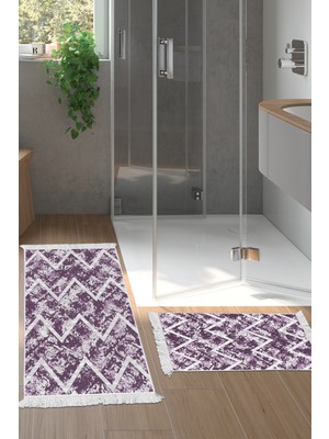 Dekoreko Dijital 2'li Banyo Paspas Takımı Trend Keçe Kaymaz Taban Saçaklı Iskandinav Roxanne Mor