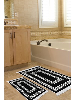 Dekoreko Dijital 2'li Banyo Paspas Takımı Trend Keçe Kaymaz Taban Saçaklı Modern Starr Siyah