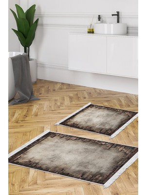 Dekoreko Dijital 2'li Banyo Paspas Takımı Yıldız Deri Kaymaz Taban Saçaklı Modern Kailey Gri