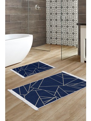Dekoreko Dijital 2'li Banyo Paspas Takımı Star Pamuk Kaymaz Taban Saçaklı Modern Shavonne Lacivert