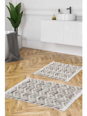 Dekoreko Dijital 2'li Banyo Paspas Takımı Star Pamuk Kaymaz Taban Saçaklı Iskandinav Renata  Kahve