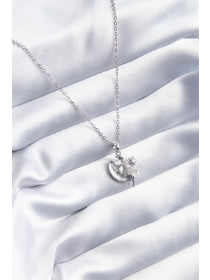 Tua Moda 316L Çelik Gümüş Renk Ay Melek Model Zirkon Taşlı Kadın Kolye